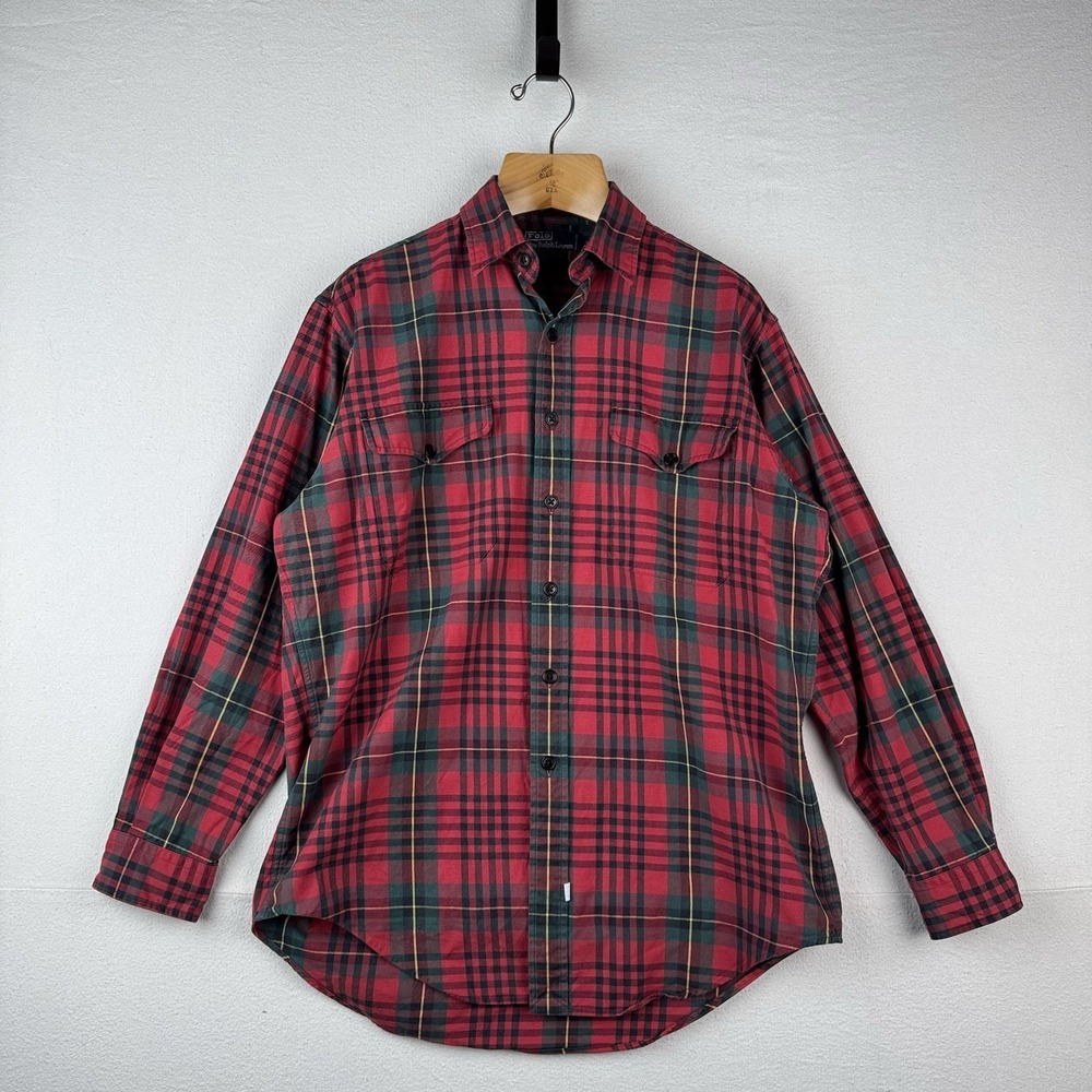 90's Vtg Polo Ralph Lauren Tartan Plaid Wool‎ Blend Flannel Shirt Men's M Red